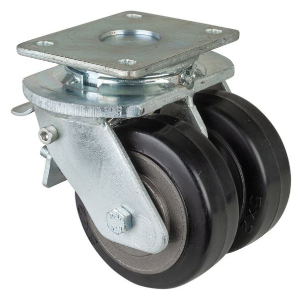 BS Rollen Schwerlastdoppelrolle mit Rad-/Feststeller, B2x50 mm, Ø125 mm, bis 550 kg, Elastik-Reifen schwarz, Körper Guss, Kugellager, S120.B81.125