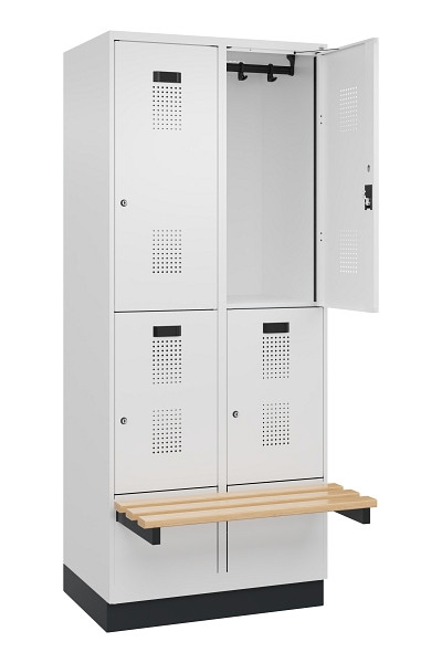 C+P Doppelstock-Spind Evolo PLUS, Bank, 4 Fächer, 1950x800x815mm, 9016/9016, Zylinderschloss, Sitzfläche Buche-Hartholz, mit Sockel, 049340-22 S10047