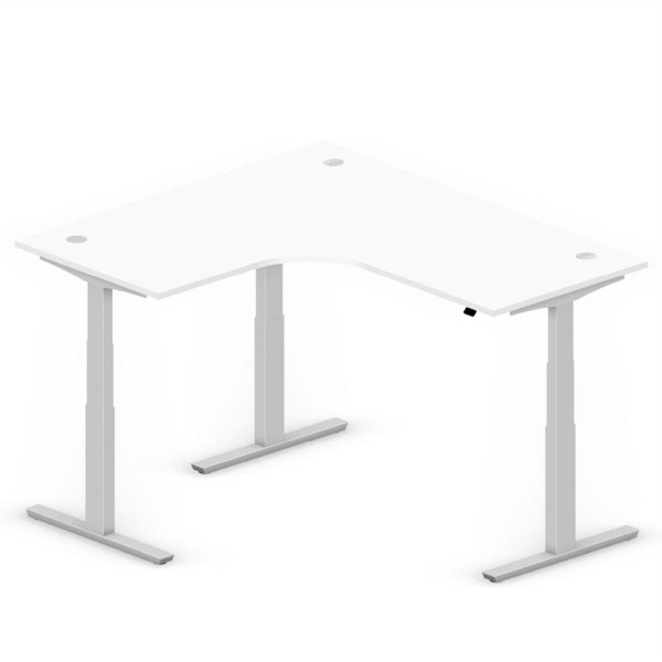 Deskin XXL Sitz-/ Stehschreibtisch Jumbo MULTI M, Dekor weiß, T-Fuß-Stahlgestell in Alusilber RAL 9006, linksseitig geformt, 295099