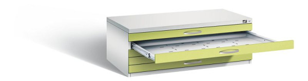 C+P Flachablageschrank Serie 7100_7200, H420xB1100xT765mm, Farbe: Lichtgrau / Viridingrün, Bügelgriff, 7100-000 S10242