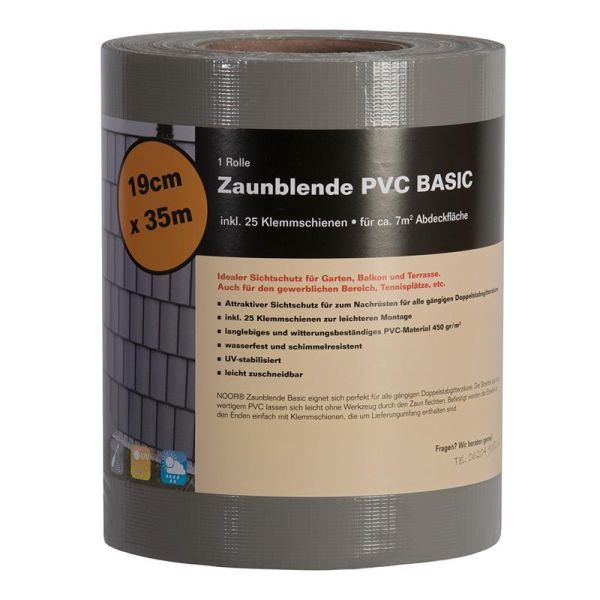 NOOR Sichtschutzstreifen PVC Zaunblende 0,19 x 35m Basic 450 g/m² inklusive 25 Klemmschienen Farbe steingrau (RAL 7030), 15512-BASIC-3