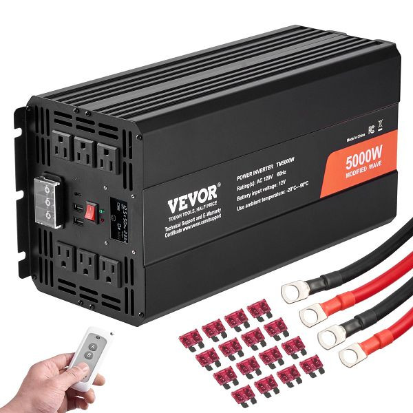 VEVOR Sinus-Wechselrichter 5000 W DC 12 V auf AC 230 V mit 2 AC-Steckdosen 2 USB-Anschlüssen 1 Typ-C-Anschluss LCD-Display, XZXNBQ5000WXZA35WV2