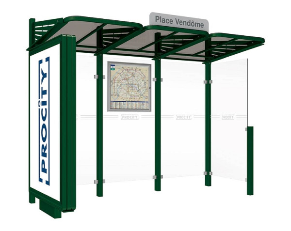 Procity Wartehalle Convi® - Standard - 1 Beleuchteter Caisson Links + 1 Seitenverkleidung Rechts, Farbe RAL 6005, 529388.6005