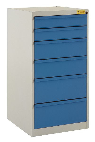 Manuflex ESD-Schubfachschrank BASETEC Stationär, Nutzhöhe 900 mm mit 6 Schubfächern, Korpus lichtgrau leitfähig und Schubfächer brillantblau, LS1046.0002