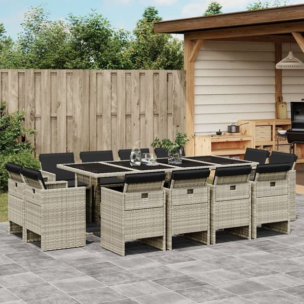 vidaXL 13-teilig Garten-Essgruppe mit Kissen Hellgrau Poly Rattan, 3277810