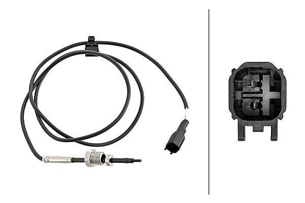 HELLA Sensor, Abgastemperatur, 2-polig, geschraubt, Kabel: 1075mm, mit Befestigungsclips am Kabel, 6PT 358 181-781