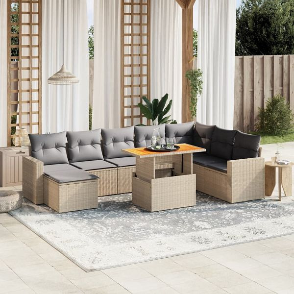 vidaXL 9-tlg. Garten-Sofagarnitur mit Kissen Beige Poly Rattan, 3271451