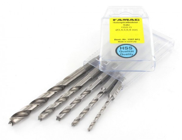 Famag Holzspiralbohrer HSS-G Bits lang, 5-teilig in PVC-Box Ø 3, 4, 5, 6, 8 mm, 1597.805.00