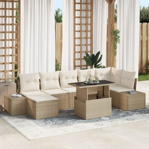 vidaXL Garten-Sofa-Set 8-teilig Beige Rattan, Polyester, Glas Rechteckig, 3349227