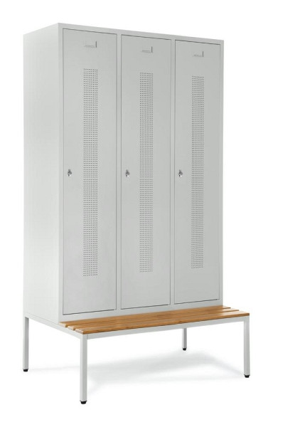 Deskin Garderobenspind SYSTEM SP1 mit Sitzbank, Korpus und Türen Lichtgrau RAL 7035, H 2050 x B 1185 x T 800 mm, Drehriegelverschluss, 330801