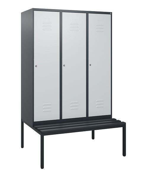 C+P Umkleidespind Classic PLUS, mit untergebauter Sitzbank, 3 Abteile, 1950x1200x815mm, 7016/7035, Zylinderschlösser, 0800505-32 S10058