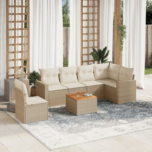vidaXL 7-tlg. Garten-Sofagarnitur mit Kissen Beige Poly Rattan, 3256478