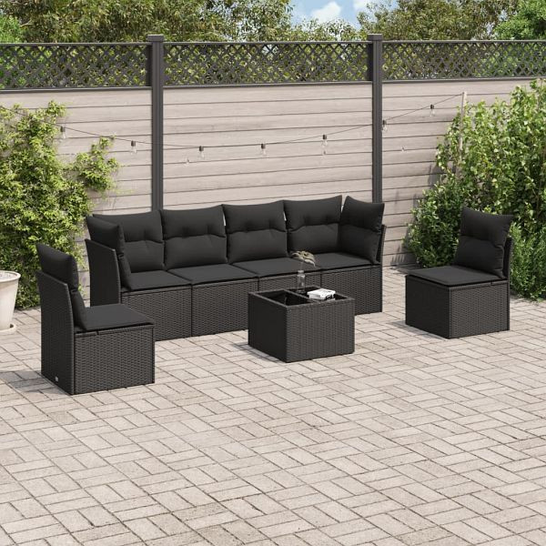 vidaXL 7-teilig Garten-Sofagarnitur mit Kissen Schwarz Poly Rattan, 3217375