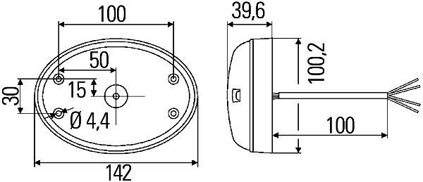 HELLA Heckleuchte, Agroluna, LED, 12/24V, Anbau/Schraubanschluss, Lichtscheibenfarbe: glasklar, 100mm, offene Kabelenden, rechts/links, 2SB 343 390-091