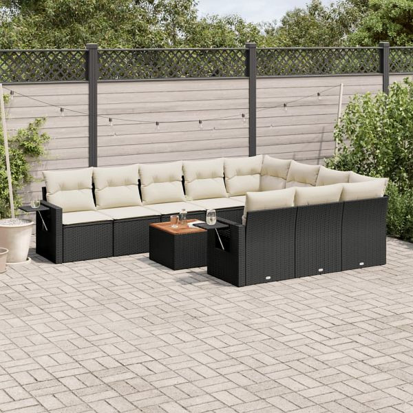 vidaXL 11-tlg. Garten-Sofagarnitur mit Kissen Schwarz Poly Rattan, 3224740