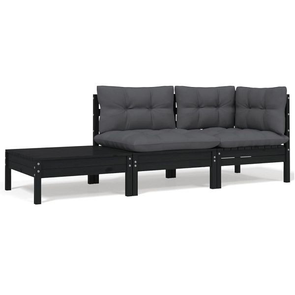 vidaXL 3-teilig Garten-Lounge-Set mit Kissen Schwarz Kiefer Massivholz, 806674