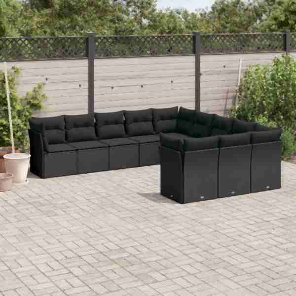vidaXL 11-tlg. Garten-Sofagarnitur mit Kissen Schwarz Poly Rattan, UV-beständig, 3250244