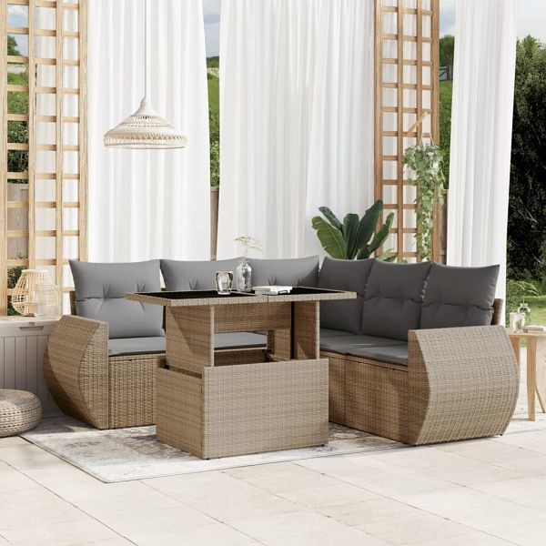 vidaXL 6-tlg. Garten-Sofagarnitur mit Kissen Beige Poly Rattan, 3268529