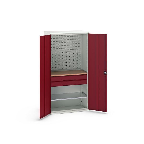 bott verso Flügeltürschrank mit 2 Schubladen, mit 2 Fachböden und Rückwand, BxTxH: 1050 x550 x 2000 mm, Lichtgrau / Purpurrot, 16926571.24
