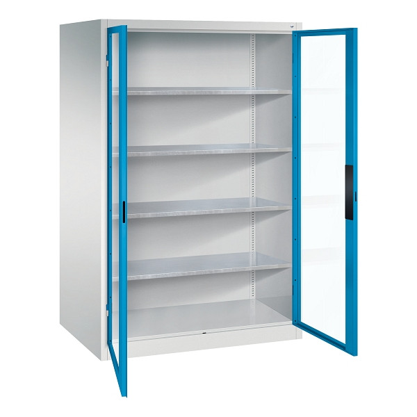 C+P Flügeltürenschrank Acurado, H1950xB1200xT800mm, 7035/5012, Traglast 70 kg, Acrylglas-Sichtfenster, 8934-055 S10150