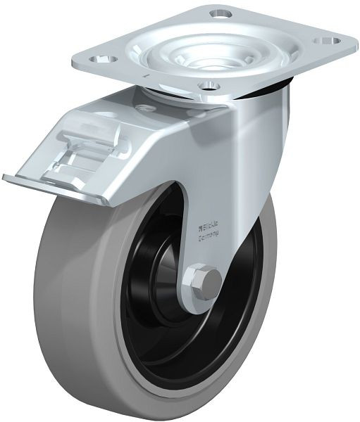 Blickle L-POEV 125KD-FI-SG Stahlblech-Lenkrolle, mittelschwere Ausführung, mit Anschraubplatte & Feststeller, Elastik-Vollgummi, Grau, 755917