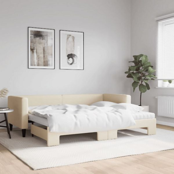 vidaXL Tagesbett Ausziehbar mit Matratzen Creme 80x200 cm Stoff, 3196595