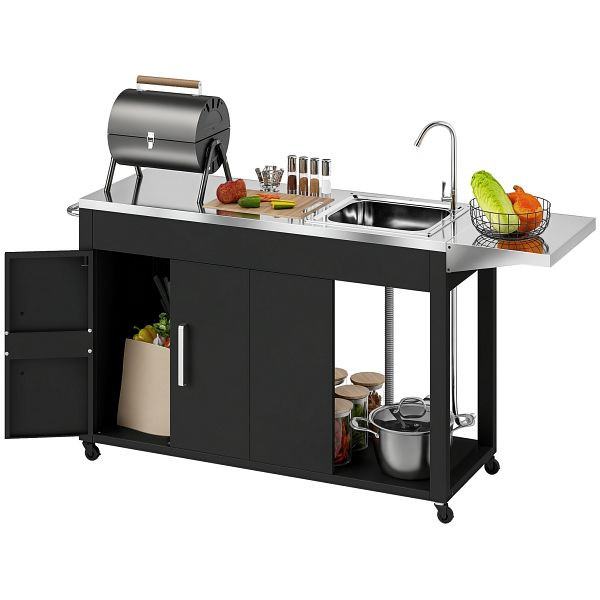 Outsunny Grillwagen Servierwagen mit Arbeitsfläche Seitenblatt Schrank Spüle Räder, Edelstahl 162,5x47x87cm Schwarz, 801-385V00BK