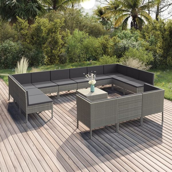 vidaXL 14-teilig Garten-Lounge-Set mit Auflagen Poly Rattan Grau, 3094630