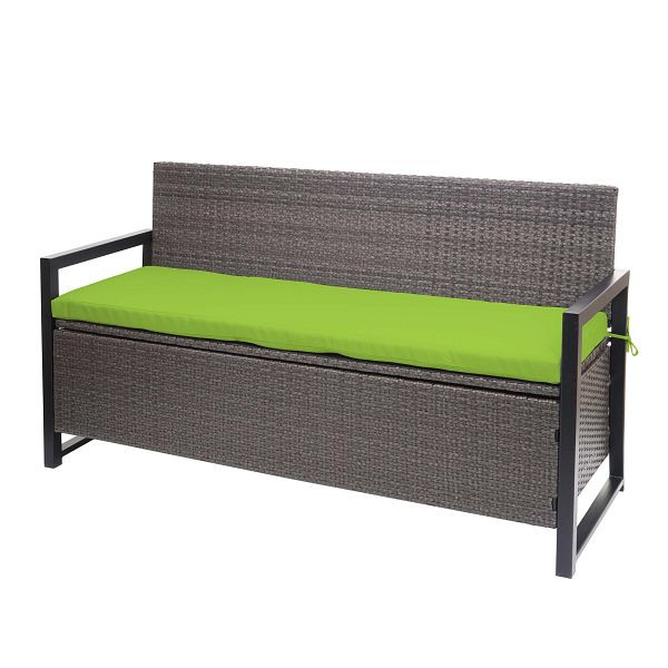 Mendler Poly-Rattan 3er Sitzbank HWC-F39, Gartenbank Truhenbank, Staufach Aufbewahrung Sitzkissen, grau-meliert, Kissen grün, 76594+76608