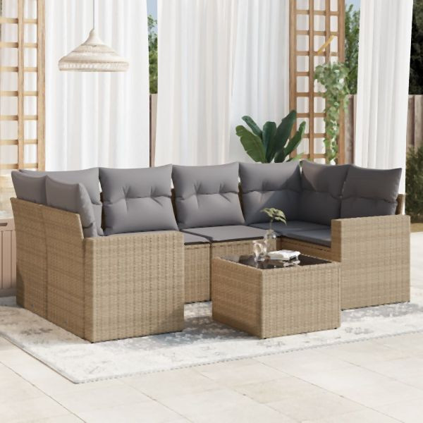 vidaXL 7-tlg. Garten-Sofagarnitur mit Kissen Beige Poly Rattan, 3251056