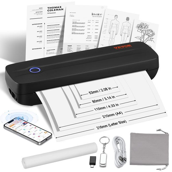 VEVOR Tragbarer Bluetooth Drucker Tintenloser Thermodrucker USB iOS 2600mAh, BXSRMDYJ203DTT5FQV9