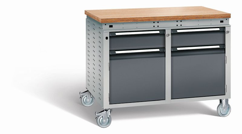Otto Kind Werkbank Serie function Typ 251 fahrbar, Multiplexplatte 40 mm, bündig, 2x Unterbau, Gehäuse RAL 9006, Front RAL 7016, 07238214S