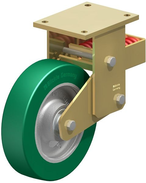 Blickle BSFN-GST 250K Stahlgeschweißte Schwerlast-Bockrolle mit Stahlfeder, Blickle Softhane®, Grün, 755374