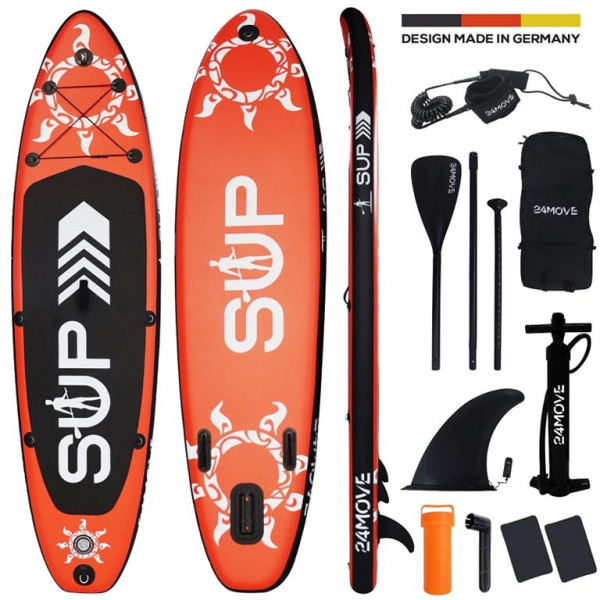24MOVE Standup Paddle Board SUP, inkl. umfangreichem Zubehör, Paddel und Hochdruckpumpe, ROT, 305x76x15cm, 5365