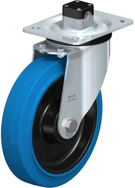 Blickle L-POEV 200KD-CS11-SB Stahlblech-Lenkrolle, mittelschwere Ausführung, mit Anschraubplatte & Zentralfeststeller, Elastik-Vollgummi, Blau, 850745