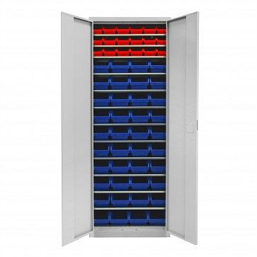 ADB Flügeltürenschrank mit 58 Sichtlagerkästen, Maß BxLxH: 116x212x75 mm, Farbe: Rot, Farbe: Blau, 40829