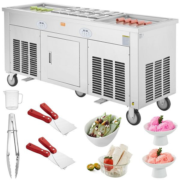 VEVOR Rollbare Maschine für Frittierte Eisrollen, 2 Stück 45 x 45 cm Quadratische Pfannen mit Kompressor und 4 Schabern, SYLDSCBJ2270WJKC2V2