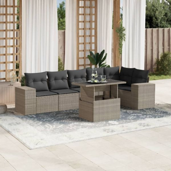 vidaXL 7-tlg. Garten-Sofagarnitur mit Kissen Hellgrau Poly Rattan, 3269182