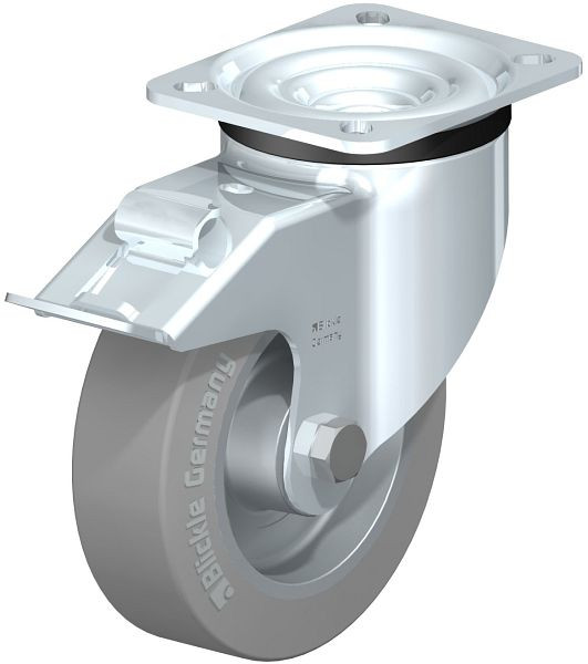 Blickle LK-ALEV 125K-1-FI-SG Stahlblech-Lenkrolle, schwere Ausführung, mit Anschraubplatte & Feststeller, Elastik-Vollgummi, Grau, 646679