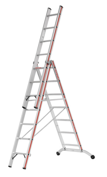 HYMER Stufenmehrzweckleiter, dreiteilig, 3x7 Sprossen/Stufen, Länge eingefahren 2,11 m / ausgefahren 4,91 m, 684721