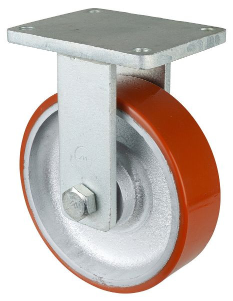 BS Rollen Schwerlastrolle, Bockrolle, Rad-Breite 75 mm, Rad-Ø 250 mm, Tragfähigkeit 1600 kg, Guss-Polyurethan 95 Shore A, Guss, Kugellager, RR110.C10.252