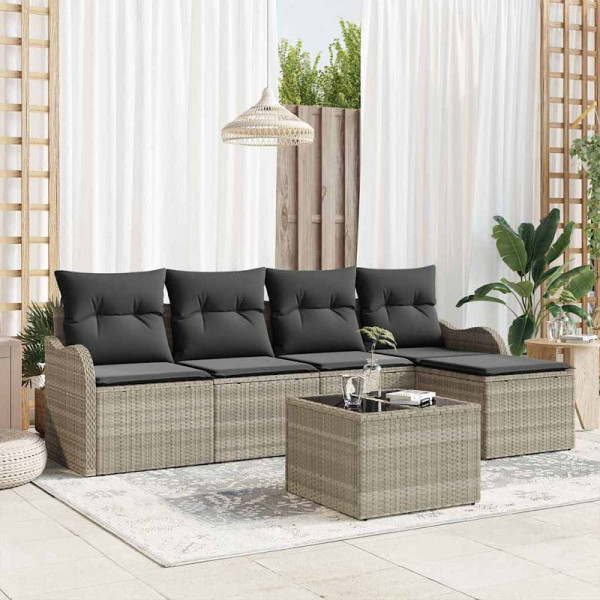 vidaXL Garten-Sofa-Set mit Kissen mit Speicher, 6er Set, Grau Poly Rattan, 3354341