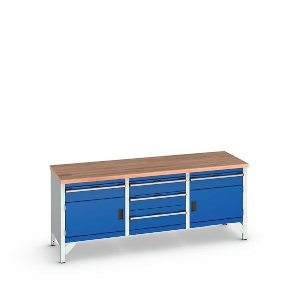 bott cubio Kastenwerkbank mit 5 Schubladen, 2 Türen, Rotbuche-Arbeitsplatte, BxTxH: 2000x750x840mm, Enzianblau, 41002065.11V