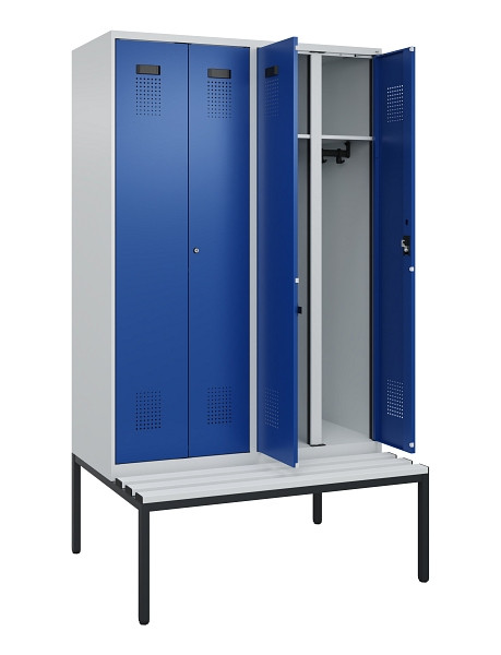 C+P Schwarz-Weiß-Spind Evolo PLUS, Bank, 4 Abteile, 2120x1200x815mm, 7035/5010, Zylinderschloss, Sitzfläche Kunststoff, Sitzbank, 0490527-40 S10087