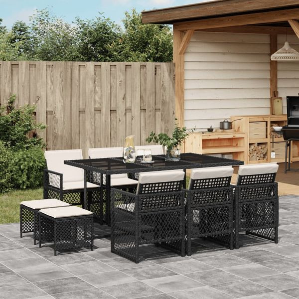 vidaXL 11-teilig Garten-Essgruppe mit Kissen Schwarz Poly Rattan, 3210786