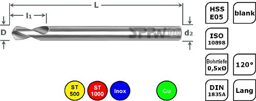 SPPW NC-Anbohrer HSS-E05 120° ISO Lang L: 80x10 - Ø3,0, 1235800300