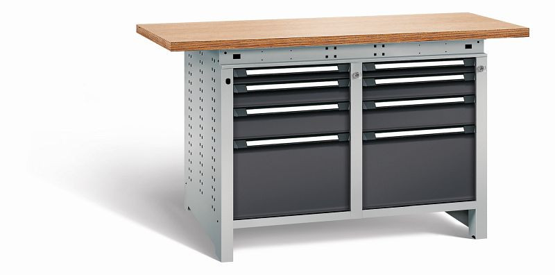 Otto Kind Werkbank Serie function Typ 216, Multiplexplatte 40 mm, überstehend, 2x Unterbau + Zentralverschluss, Gehäuse RAL 9006, Front RAL 9005, 07234623N