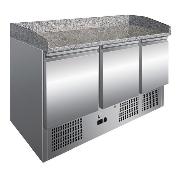 Gastro-Inox Edelstahl Kühltisch mit 3 Türen und Marmor-Arbeitsplatte, Umluftkühlung, Nettokapazität 400 Liter, 202.008