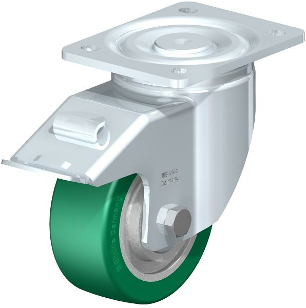 Blickle LH-GST 127K-FI Stahlblech-Lenkrolle, Schwerlast-Ausführung, mit Anschraubplatte & Feststeller, Blickle Softhane®, Grün, 754607