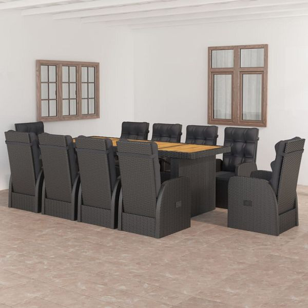 vidaXL 11-teilig Garten-Essgruppe mit Kissen Poly Rattan Schwarz, 3059350